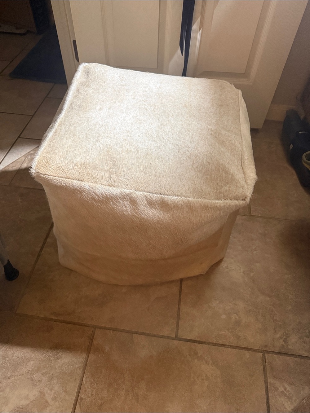 Genuine Cowhide Cream Tan Cube Pouf Ottoman - Home Accents